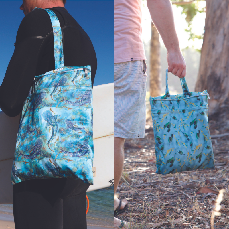2 images together of wetbags being used with 2 different handle option. Over the shoulder and easy-hold